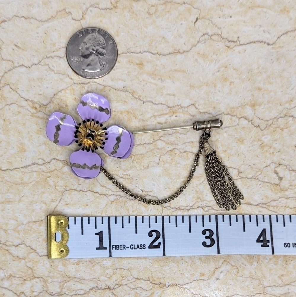 Vintage Purple Gold Enamel Floral Pin Brooch with Chain Accent - Picture 5 of 7
